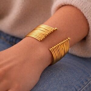 Cuff Bracelet Multi-Wire Gold Tone Stacked Boho Open Statement Bangle
